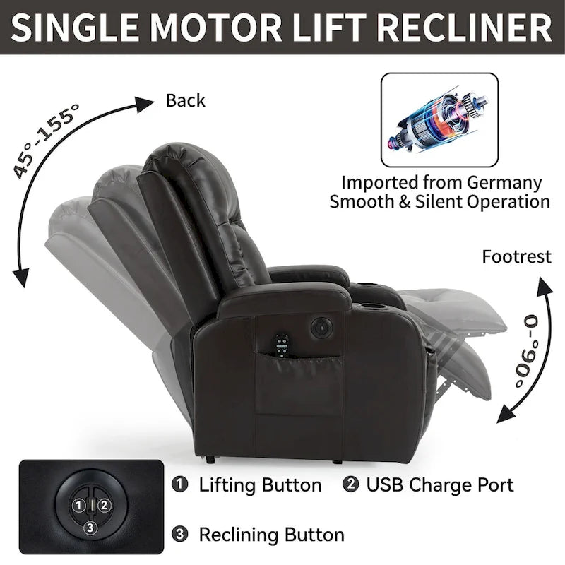Fauteuil releveur électrique à position infinie pour personnes âgées, avec massage vibrant 8 points et chauffage lombaire, port de chargement USB