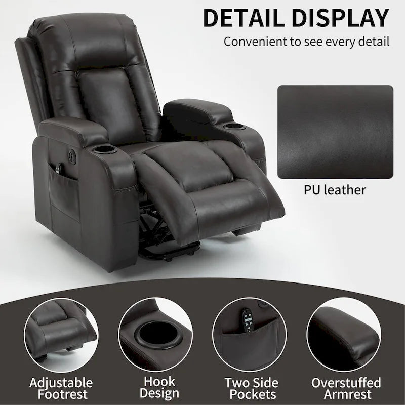 Fauteuil releveur électrique à position infinie pour personnes âgées, avec massage vibrant 8 points et chauffage lombaire, port de chargement USB