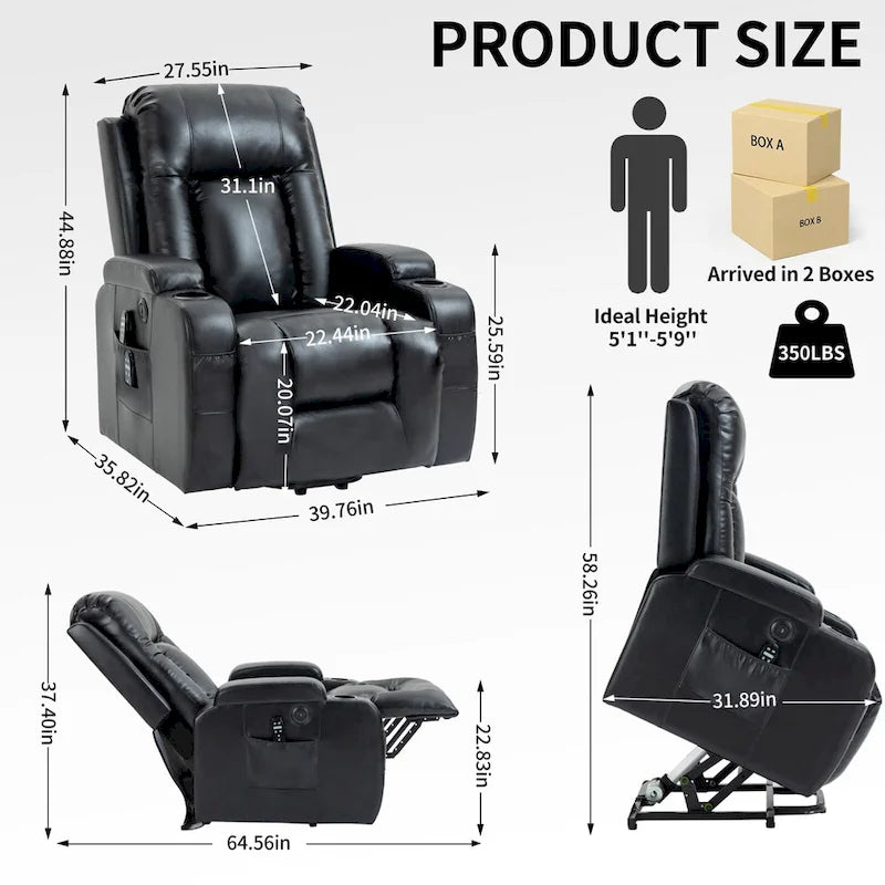 Fauteuil releveur électrique à position infinie pour personnes âgées, avec massage vibrant 8 points et chauffage lombaire, port de chargement USB