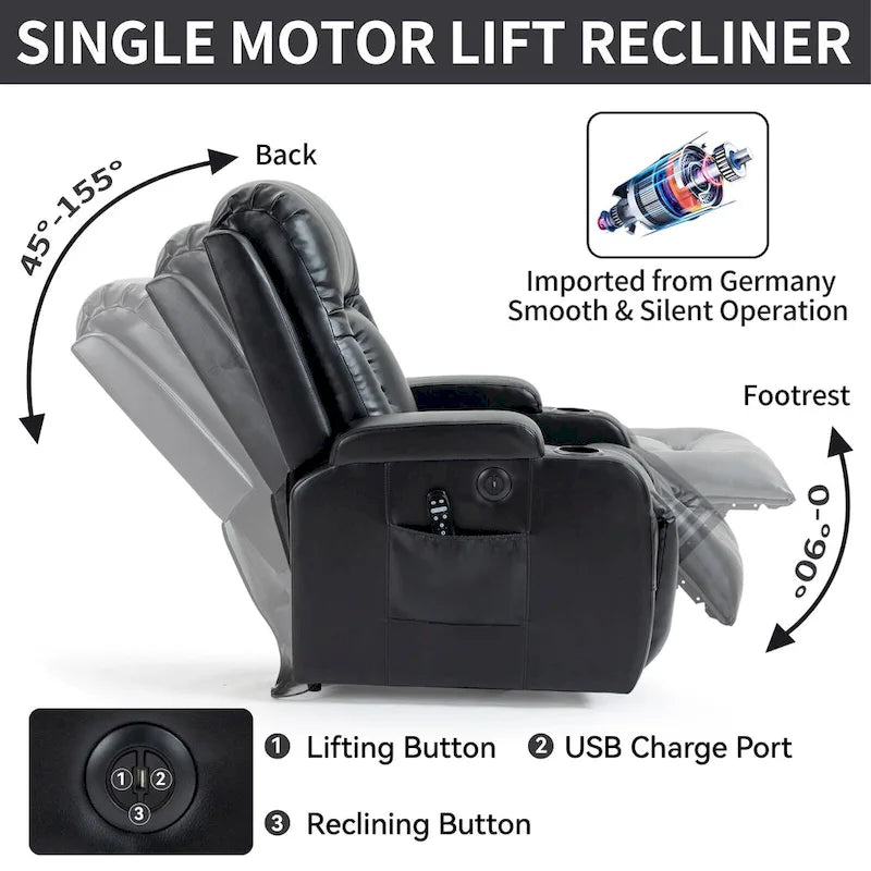 Fauteuil releveur électrique à position infinie pour personnes âgées, avec massage vibrant 8 points et chauffage lombaire, port de chargement USB