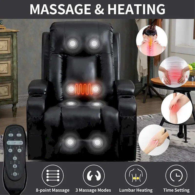 Fauteuil releveur électrique à position infinie pour personnes âgées, avec massage vibrant 8 points et chauffage lombaire, port de chargement USB