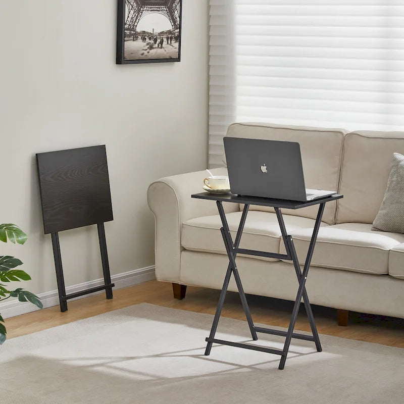 Lot de 2 tables de plateau TV pliantes, table d'appoint de canapé portable, table à goûter industrielle, peu encombrante et facile à plier, bois rustique
