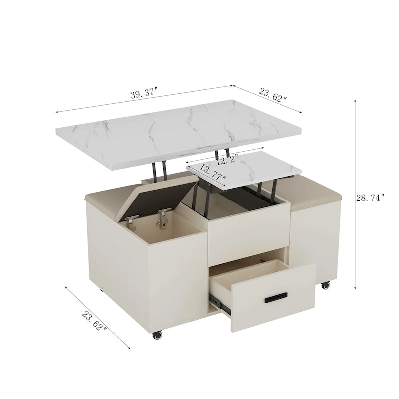 Table basse relevable moderne avec 4 tabourets et 2 tiroirs