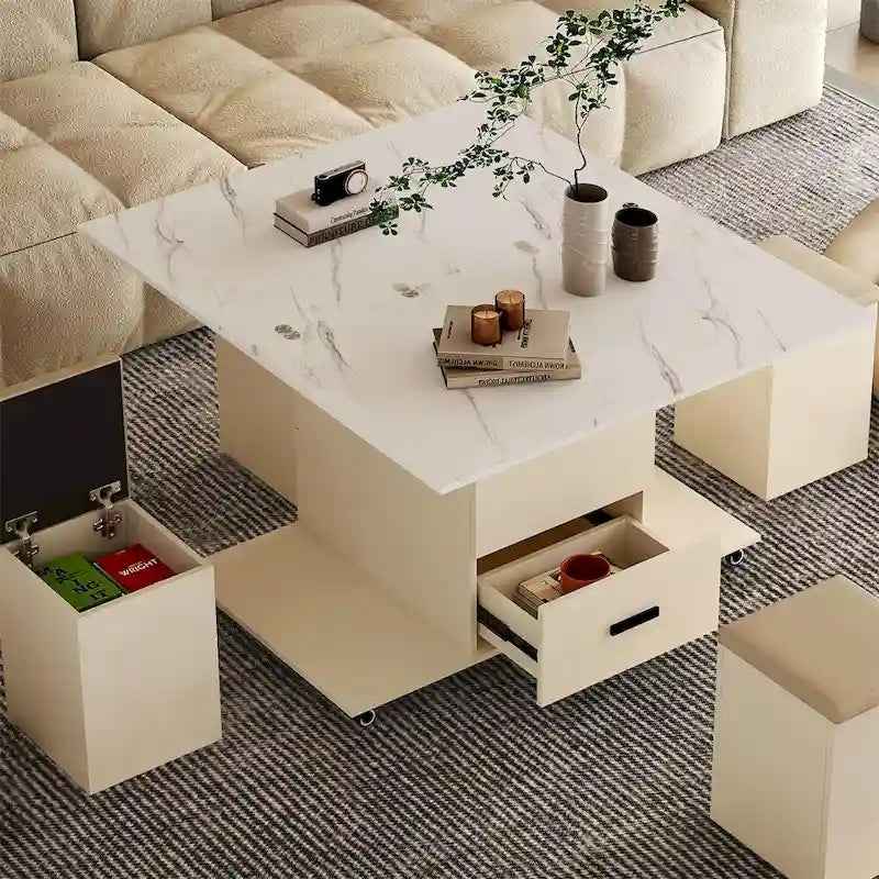 Table basse relevable moderne avec 4 tabourets et 2 tiroirs