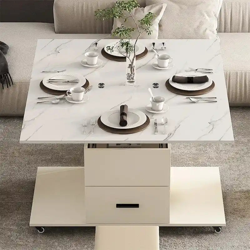 Table basse relevable moderne avec 4 tabourets et 2 tiroirs
