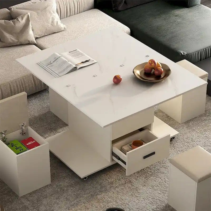 Table basse relevable moderne avec 4 tabourets et 2 tiroirs