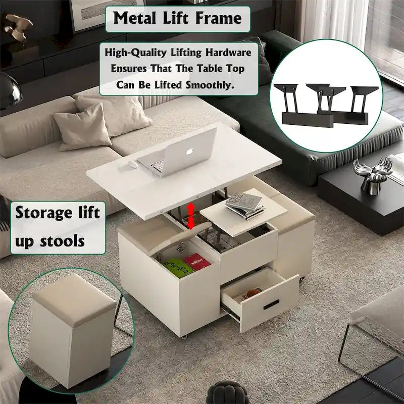 Table basse relevable moderne avec 4 tabourets et 2 tiroirs