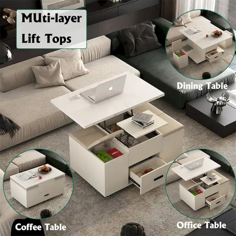 Table basse relevable moderne avec 4 tabourets et 2 tiroirs