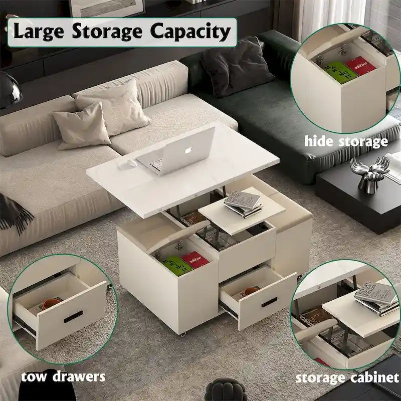 Table basse relevable moderne avec 4 tabourets et 2 tiroirs
