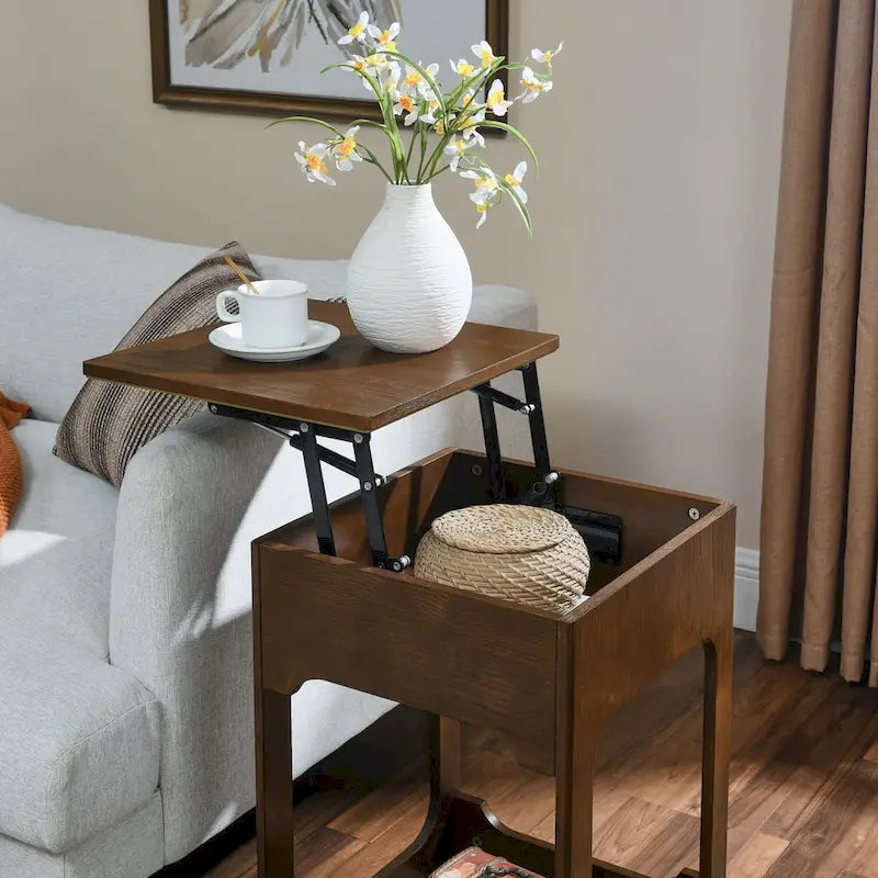 Table d'appoint relevable moderne du milieu du siècle, petite table d'appoint montante pour canapé avec étagère de rangement, table de chevet en bois