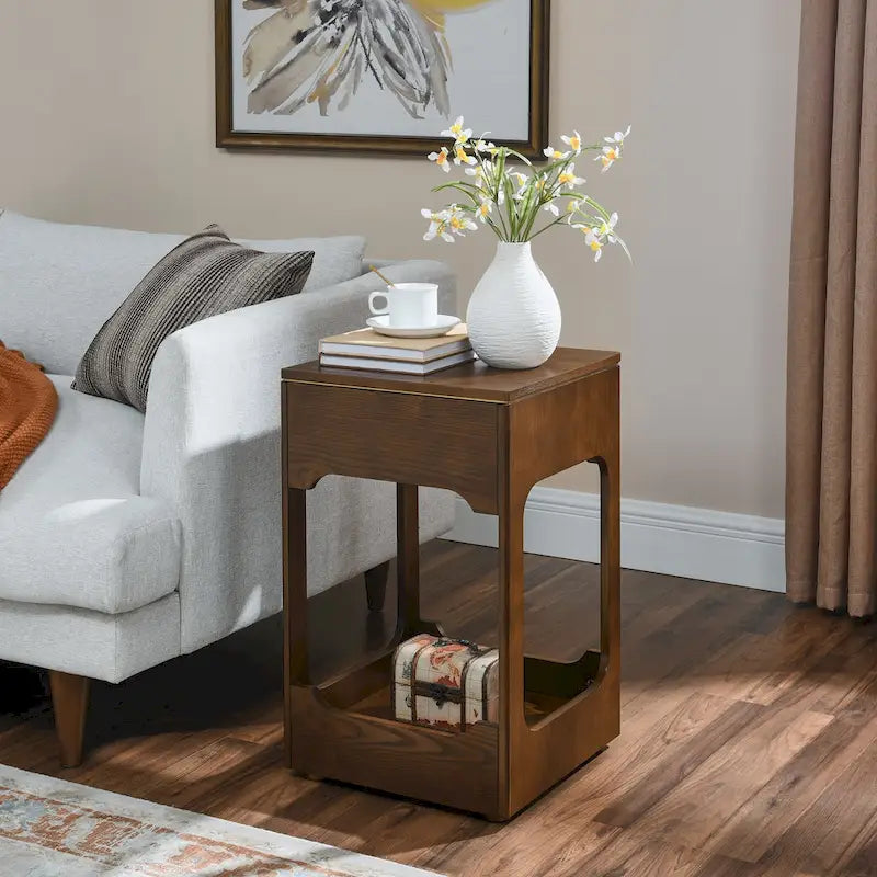 Table d'appoint relevable moderne du milieu du siècle, petite table d'appoint montante pour canapé avec étagère de rangement, table de chevet en bois