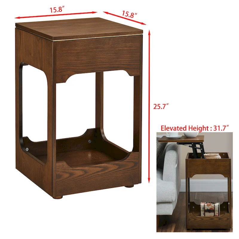 Table d'appoint relevable moderne du milieu du siècle, petite table d'appoint montante pour canapé avec étagère de rangement, table de chevet en bois