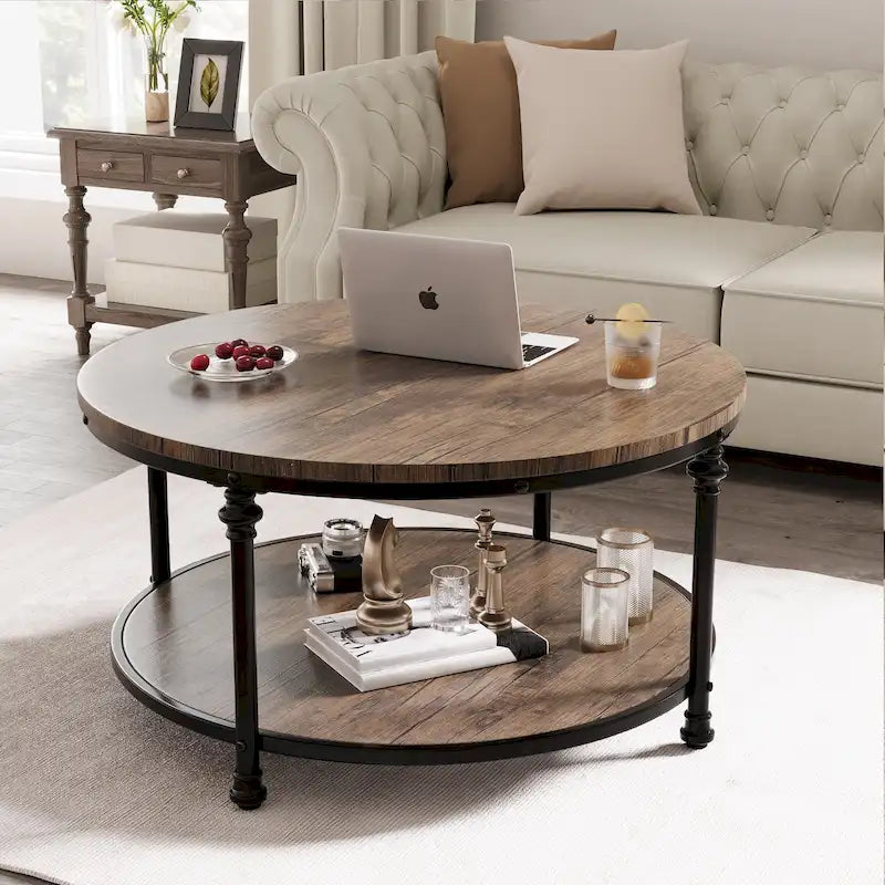 Table basse ronde de salon rustique avec étagère de rangement