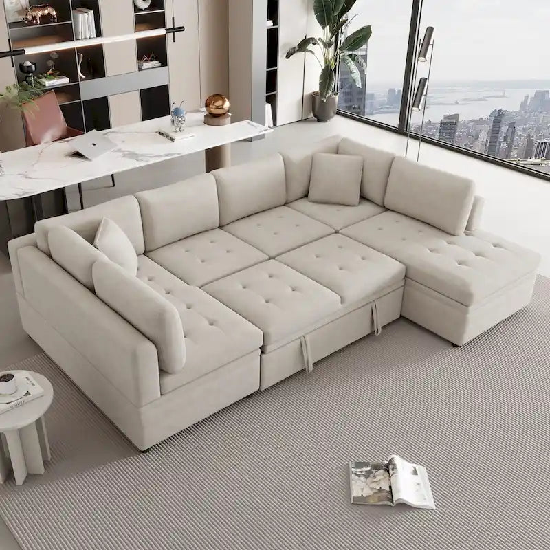 117.3 Canapé d'angle surdimensionné en U avec fonction convertible et deux oreillers décoratifs pour salon, beige