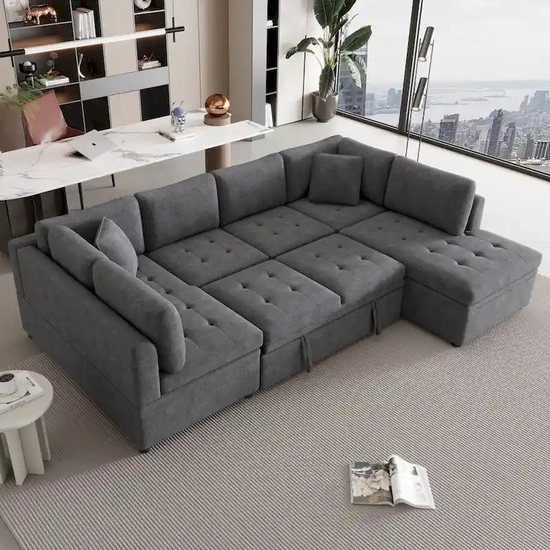 117.3 Canapé d'angle surdimensionné en U avec fonction convertible et deux oreillers décoratifs pour salon, beige