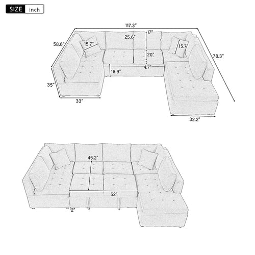 117.3 Canapé d'angle surdimensionné en U avec fonction convertible et deux oreillers décoratifs pour salon, beige