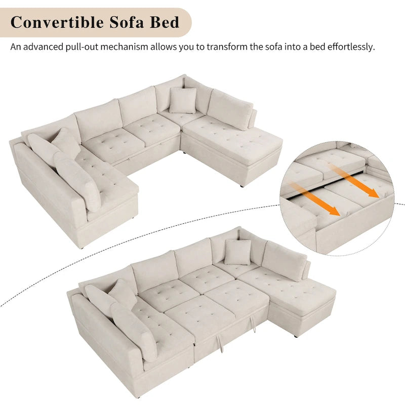 117.3 Canapé d'angle surdimensionné en U avec fonction convertible et deux oreillers décoratifs pour salon, beige