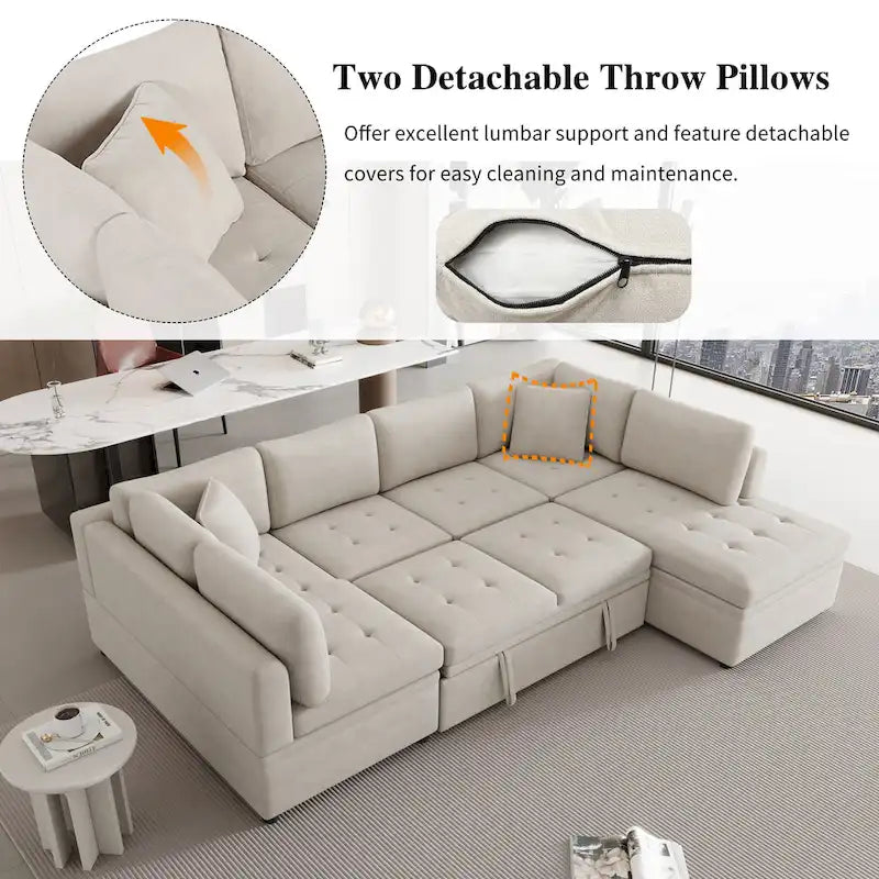 117.3 Canapé d'angle surdimensionné en U avec fonction convertible et deux oreillers décoratifs pour salon, beige