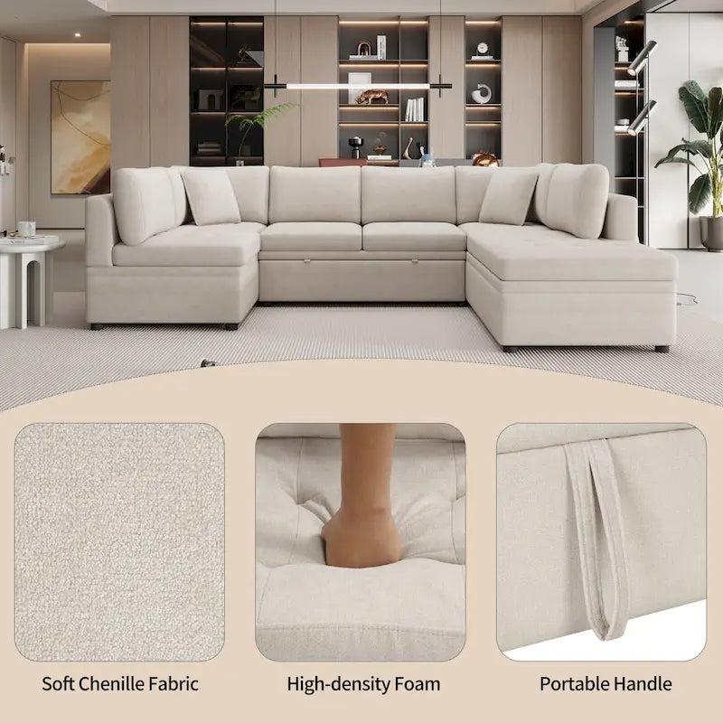 117.3 Canapé d'angle surdimensionné en U avec fonction convertible et deux oreillers décoratifs pour salon, beige