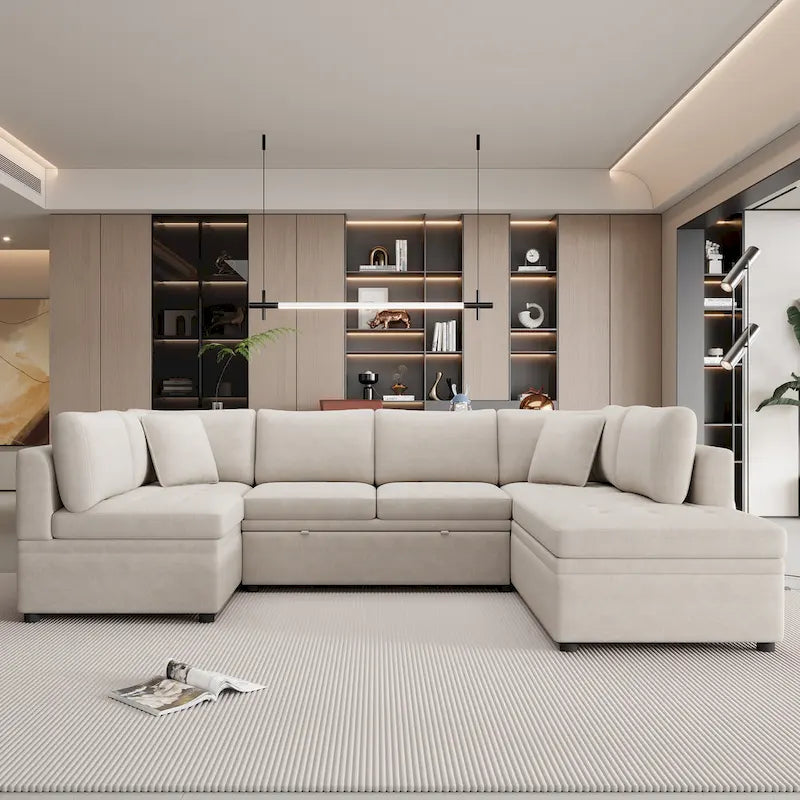 117.3 Canapé d'angle surdimensionné en U avec fonction convertible et deux oreillers décoratifs pour salon, beige