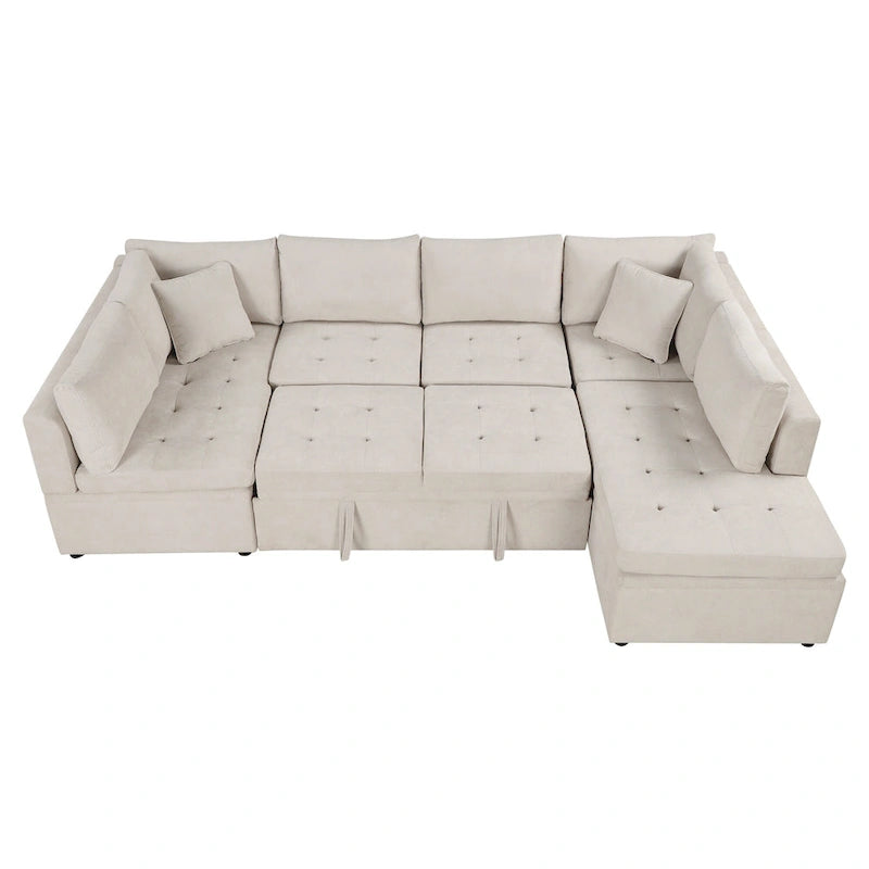 117.3 Canapé d'angle surdimensionné en U avec fonction convertible et deux oreillers décoratifs pour salon, beige