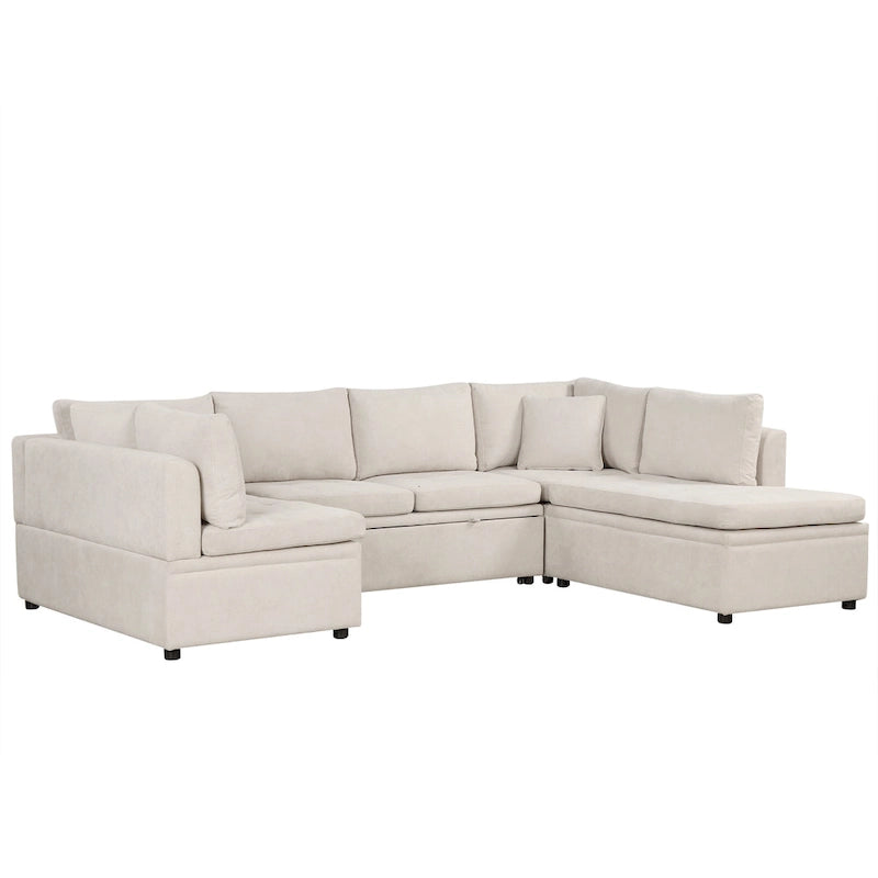 117.3 Canapé d'angle surdimensionné en U avec fonction convertible et deux oreillers décoratifs pour salon, beige