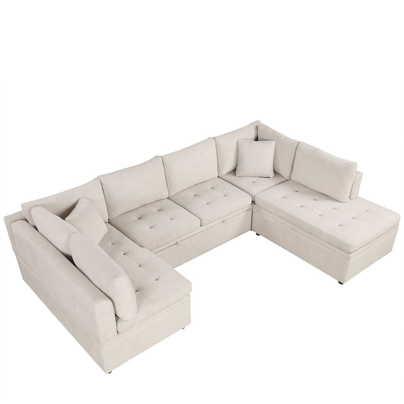 117.3 Canapé d'angle surdimensionné en U avec fonction convertible et deux oreillers décoratifs pour salon, beige