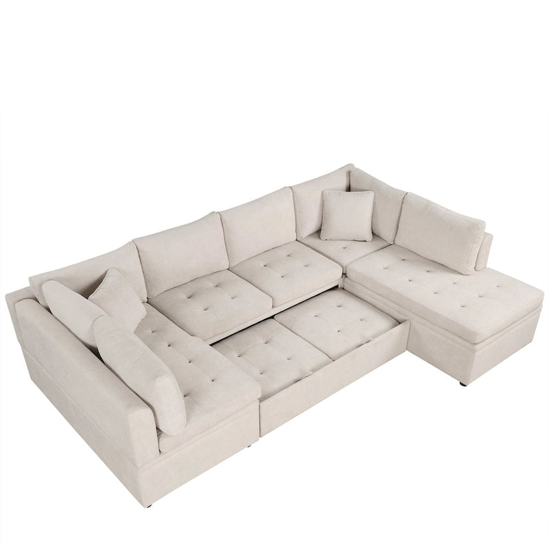 117.3 Canapé d'angle surdimensionné en U avec fonction convertible et deux oreillers décoratifs pour salon, beige