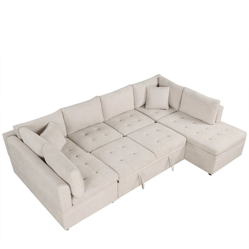 117.3 Canapé d'angle surdimensionné en U avec fonction convertible et deux oreillers décoratifs pour salon, beige