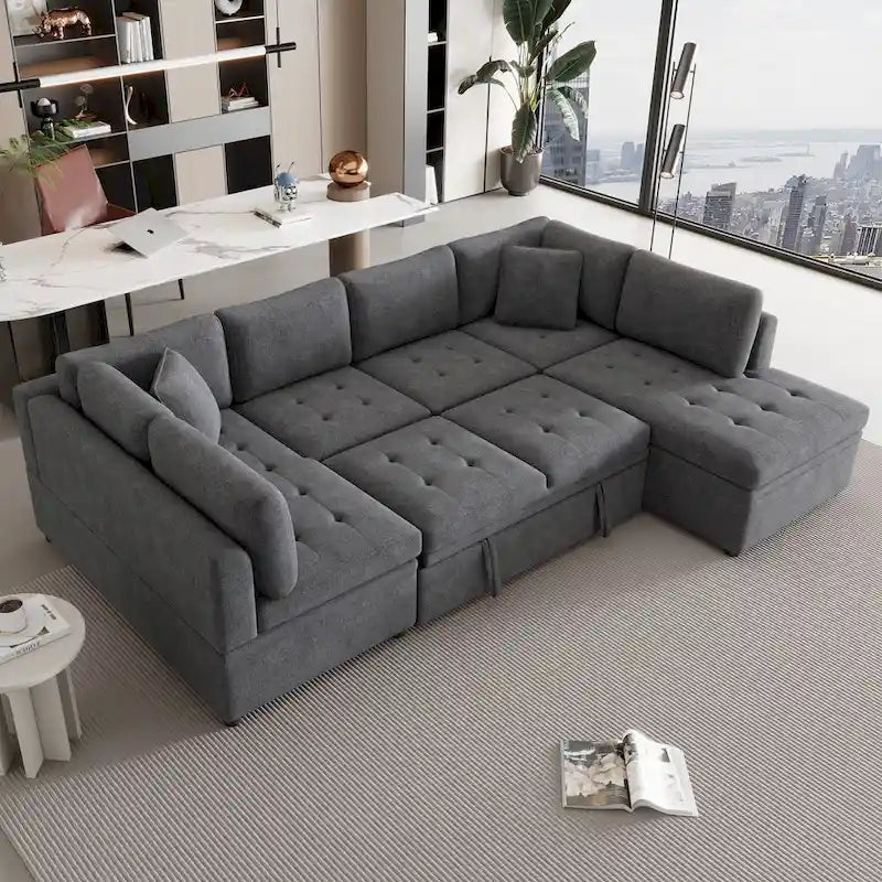 117.3 Canapé d'angle surdimensionné en U avec fonction convertible et deux oreillers décoratifs pour salon, beige