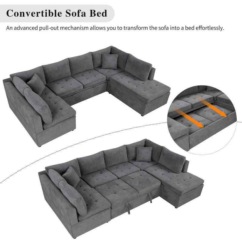 117.3 Canapé d'angle surdimensionné en U avec fonction convertible et deux oreillers décoratifs pour salon, beige