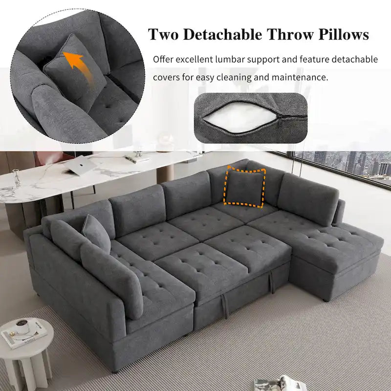 117.3 Canapé d'angle surdimensionné en U avec fonction convertible et deux oreillers décoratifs pour salon, beige