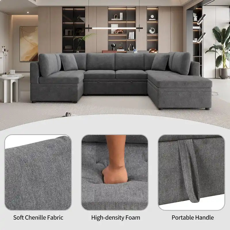 117.3 Canapé d'angle surdimensionné en U avec fonction convertible et deux oreillers décoratifs pour salon, beige