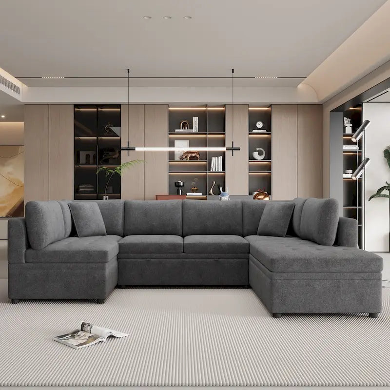 117.3 Canapé d'angle surdimensionné en U avec fonction convertible et deux oreillers décoratifs pour salon, beige