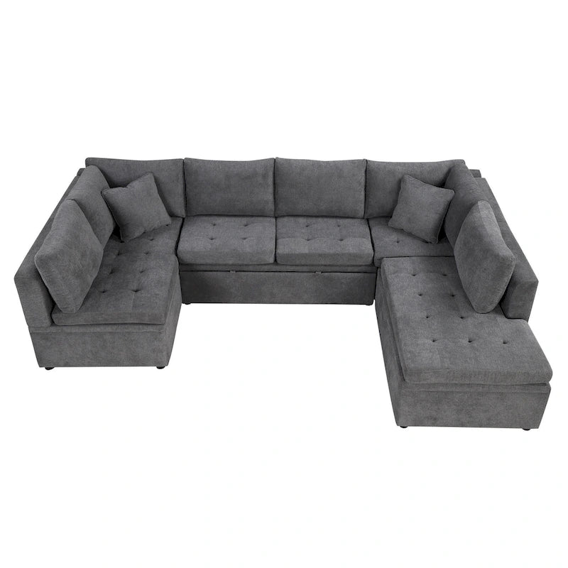 117.3 Canapé d'angle surdimensionné en U avec fonction convertible et deux oreillers décoratifs pour salon, beige