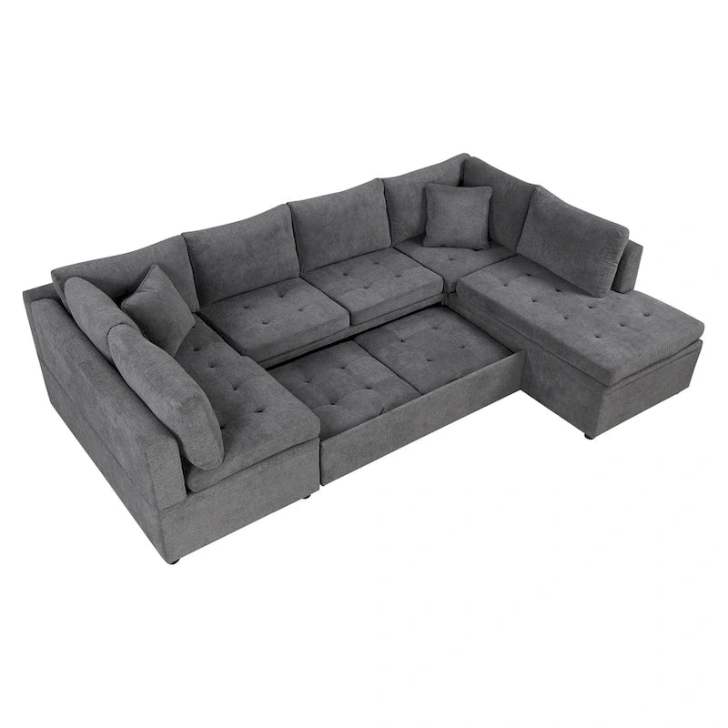 117.3 Canapé d'angle surdimensionné en U avec fonction convertible et deux oreillers décoratifs pour salon, beige