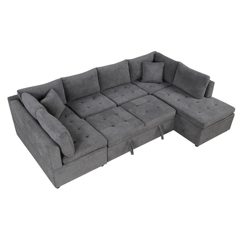 117.3 Canapé d'angle surdimensionné en U avec fonction convertible et deux oreillers décoratifs pour salon, beige