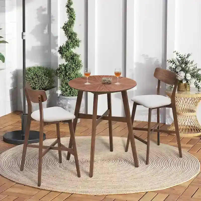 Ensemble de salle à manger moderne 3 pièces avec table ronde en bois et 2 tabourets de bar rembourrés en bois massif pour salle à manger, bar et salon