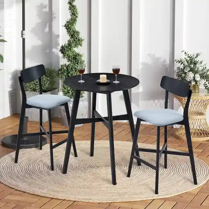 Ensemble de salle à manger moderne 3 pièces avec table ronde en bois et 2 tabourets de bar rembourrés en bois massif pour salle à manger, bar et salon