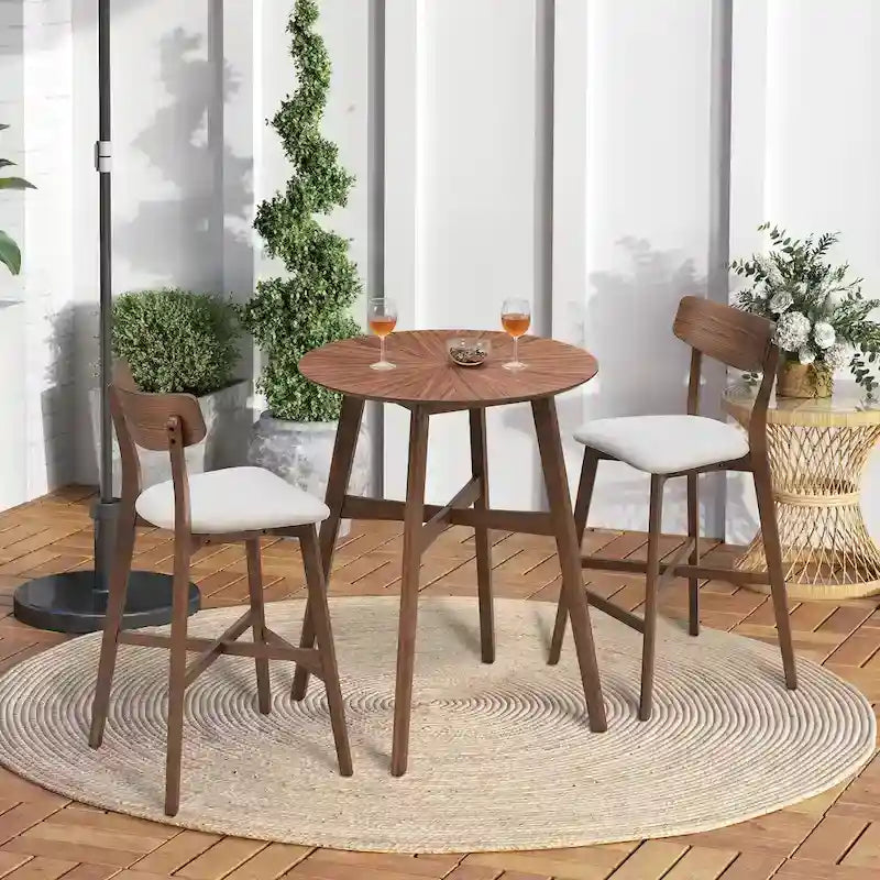 Ensemble de salle à manger moderne 3 pièces avec table ronde en bois et 2 tabourets de bar rembourrés en bois massif pour salle à manger, bar et salon