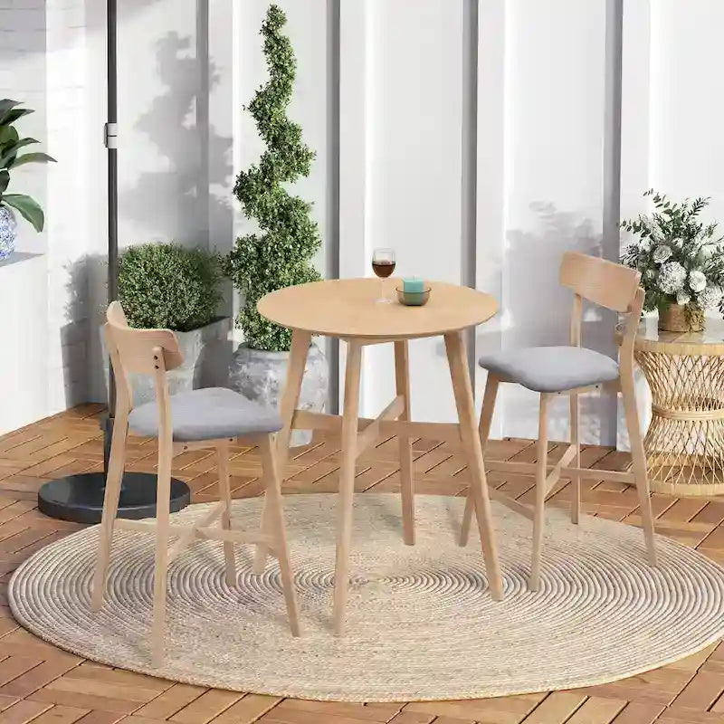 Ensemble de salle à manger moderne 3 pièces avec table ronde en bois et 2 tabourets de bar rembourrés en bois massif pour salle à manger, bar et salon