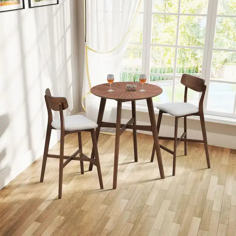 Ensemble de salle à manger moderne 3 pièces avec table ronde en bois et 2 tabourets de bar rembourrés en bois massif pour salle à manger, bar et salon