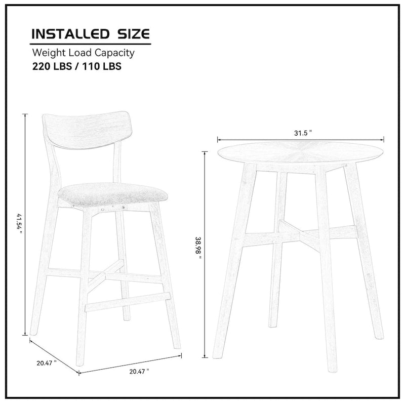 Ensemble de salle à manger moderne 3 pièces avec table ronde en bois et 2 tabourets de bar rembourrés en bois massif pour salle à manger, bar et salon