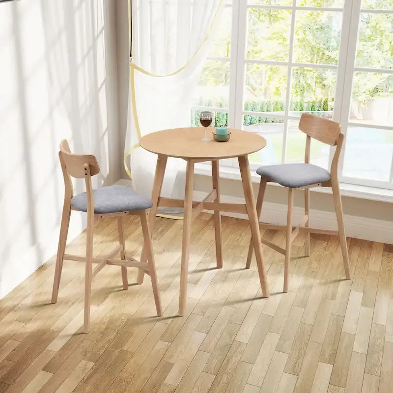 Ensemble de salle à manger moderne 3 pièces avec table ronde en bois et 2 tabourets de bar rembourrés en bois massif pour salle à manger, bar et salon