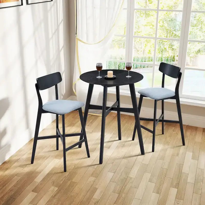 Ensemble de salle à manger moderne 3 pièces avec table ronde en bois et 2 tabourets de bar rembourrés en bois massif pour salle à manger, bar et salon