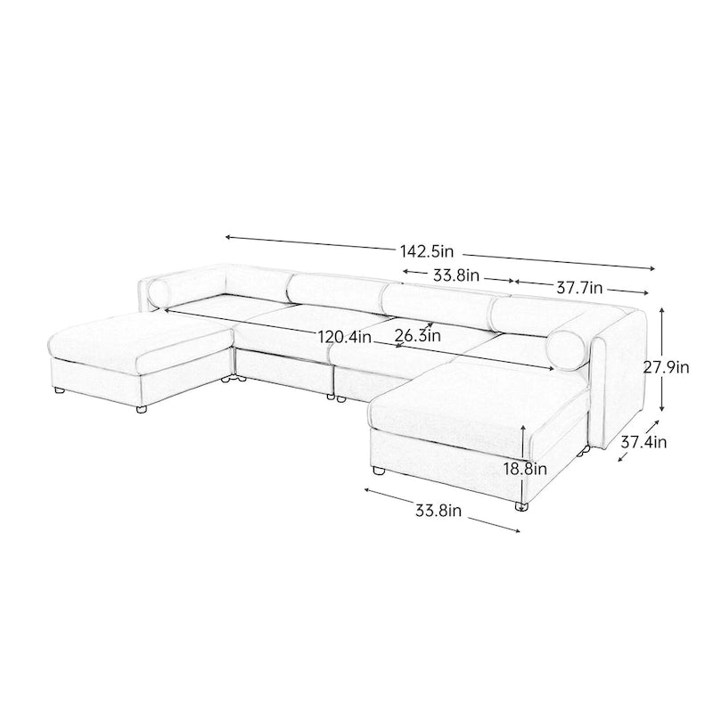 Canapé d'angle modulable en U rembourré en chenille 142,5 po avec rangement, combinaison DIY