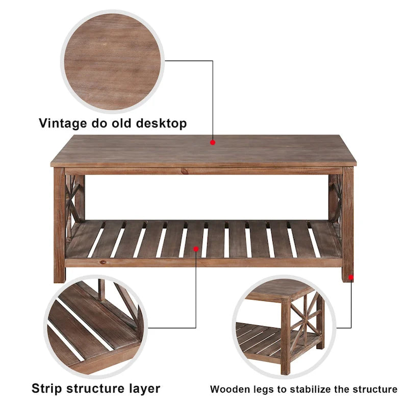 GDFStudio - Table Basse Nathaniel en Bois Rustique avec Rangement Spacieux - 47.24 L x 23.62 P x 19.68 H