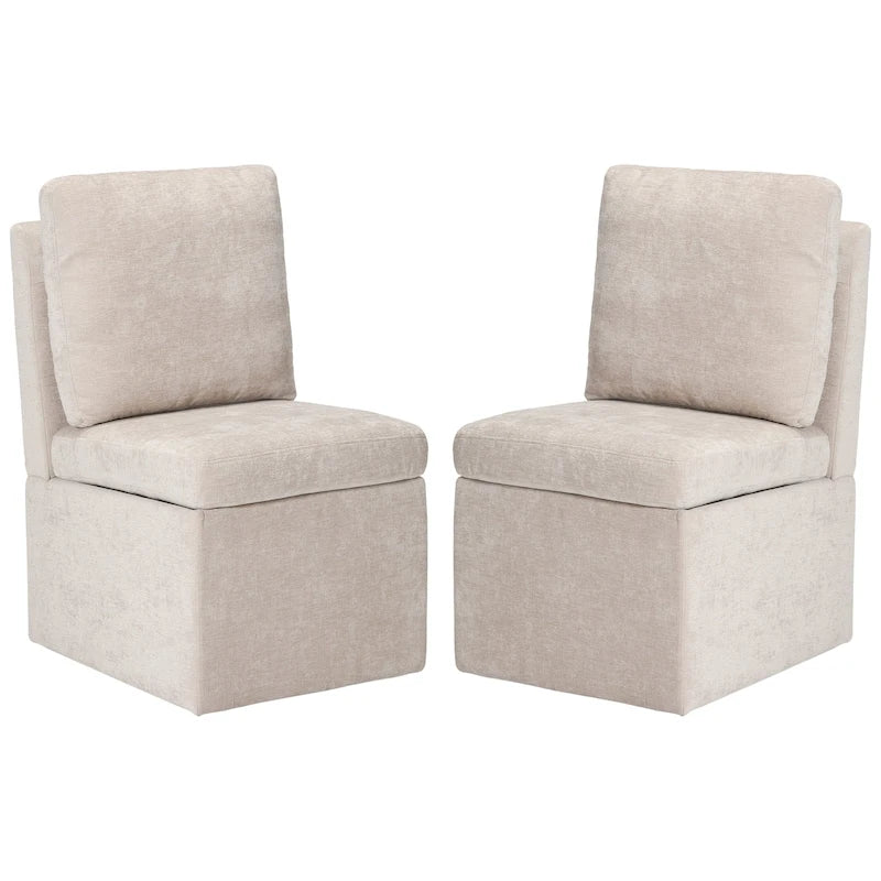 Chaise de salle à manger sans accoudoirs en chenille Stansberry avec rangement sous l'assise et roulettes (lot de 2)