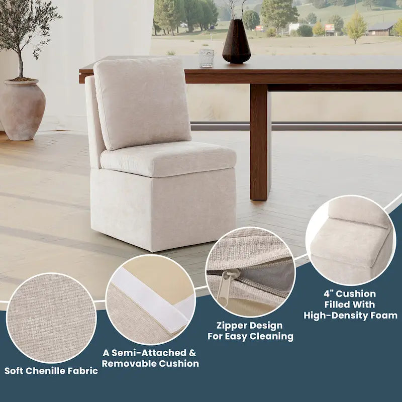 Chaise de salle à manger sans accoudoirs en chenille Stansberry avec rangement sous l'assise et roulettes (lot de 2)