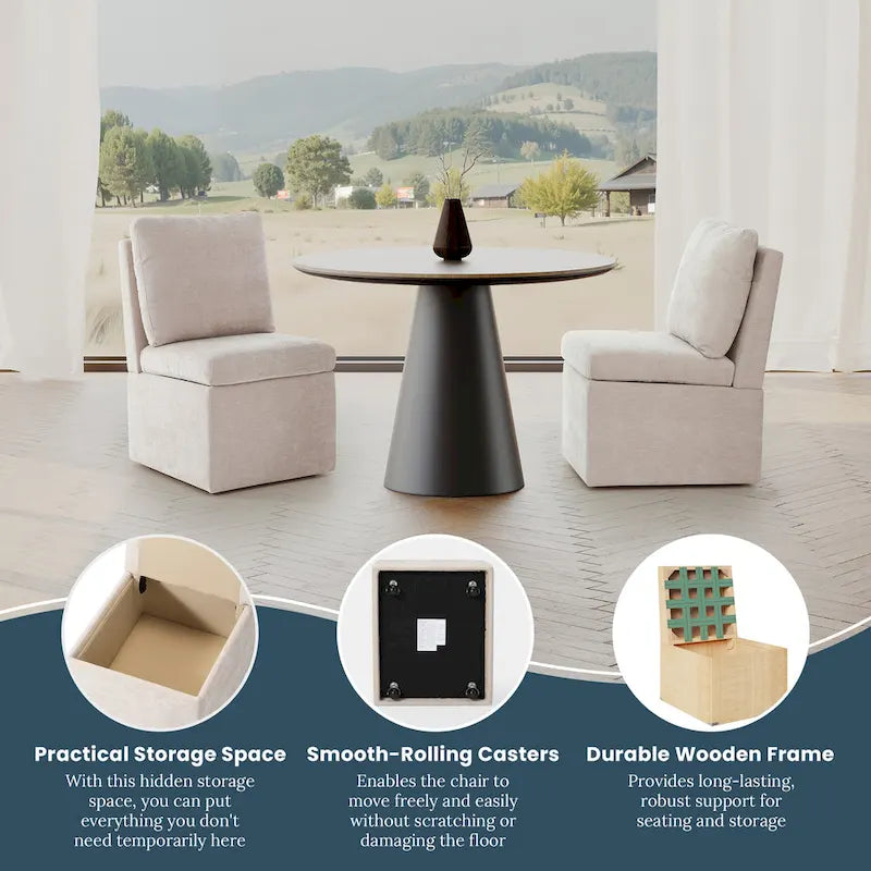 Chaise de salle à manger sans accoudoirs en chenille Stansberry avec rangement sous l'assise et roulettes (lot de 2)